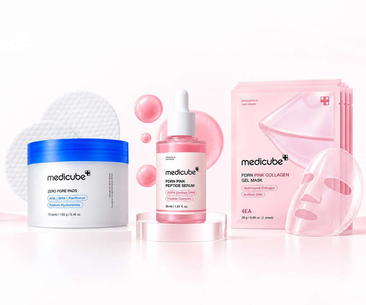 Glass Glow 3-Step Set — Zero Pore Pad + PDRN Serum + Collagen Gel Mask - Medicube